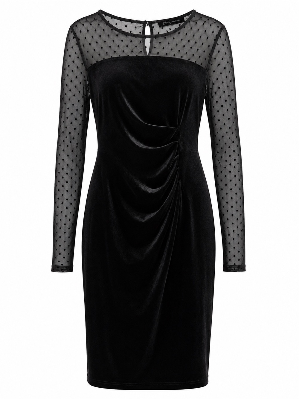 Black Collection Black Velvet Mesh Polka Dot Cocktail Dress Sheer Sleeve 16x39
